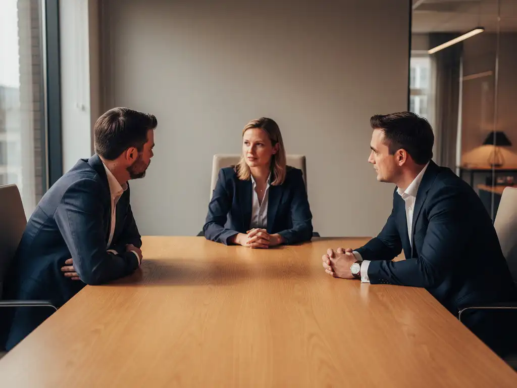 Twee collega's aan een eiken vergadertafel tijdens werkplekmediation, begeleid door een neutrale mediator in modern Nederlands kantoor.