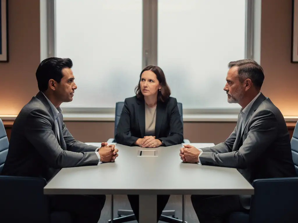 Twee collega's aan een vergadertafel tijdens professionele werkplekmediation, begeleid door een neutrale bemiddelaar in gedempte kantooromgeving.