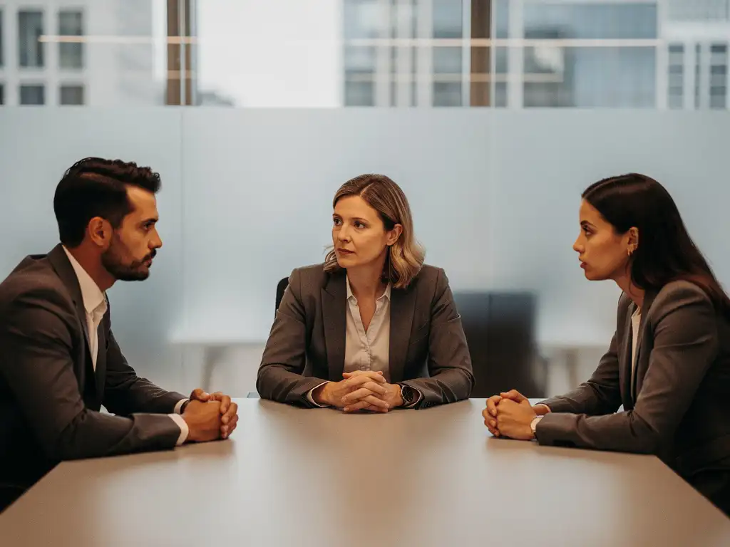 Twee collega's met gesloten lichaamshouding aan een vergadertafel tijdens een professionele werkplekbemiddeling, begeleid door een neutrale mediator.