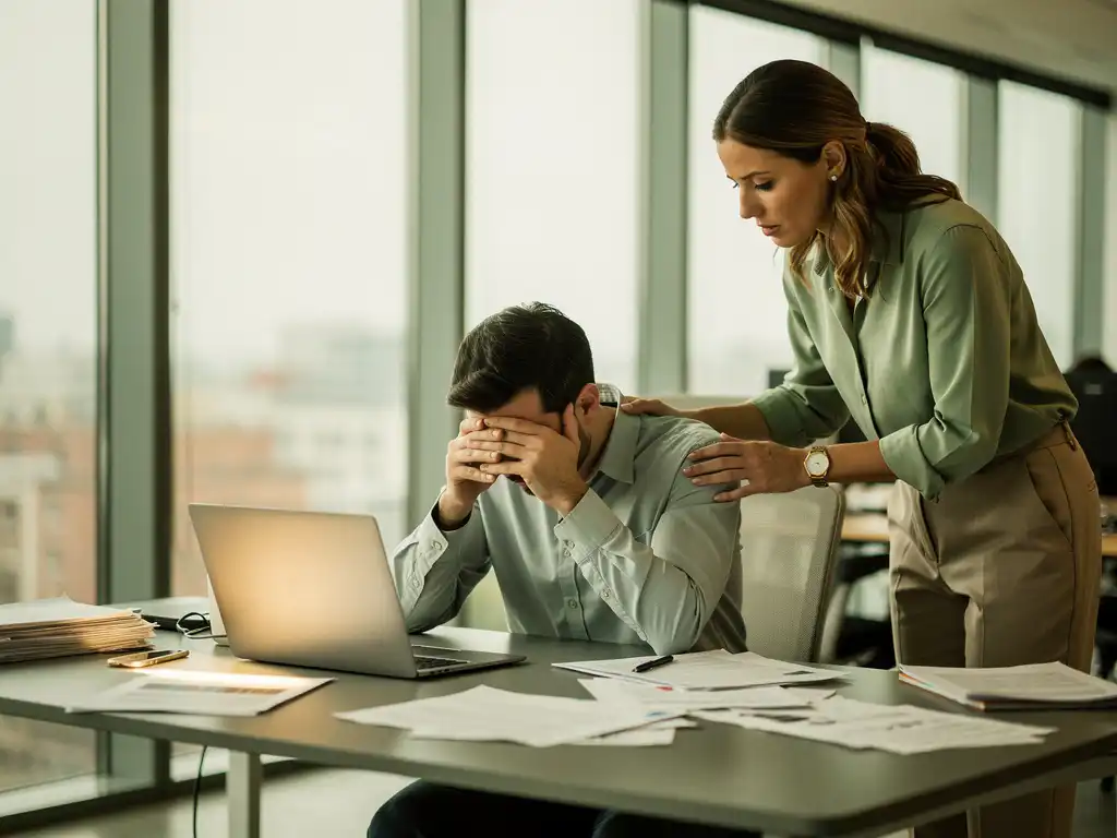 Uitgeputte medewerker aan bureau met verspreide documenten, terwijl collega een bemoedigende hand op schouder legt in licht kantoor.