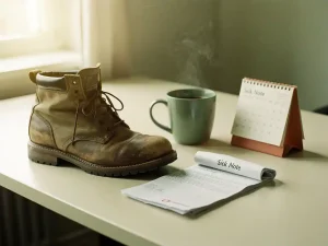 Versleten werklaars naast een opgevouwen ziekmelding op een bureaubureau, met een dampende koffiemok en kalender in warm natuurlijk licht.