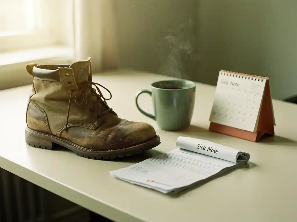 Versleten werklaars naast een opgevouwen ziekmelding op een bureaubureau, met een dampende koffiemok en kalender in warm natuurlijk licht.
