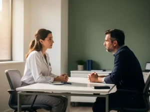 Bedrijfsarts luistert aandachtig naar gespannen werknemer tijdens professioneel consult in rustige spreekkamer met zacht natuurlijk licht.