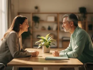 Bedrijfsarts en medewerker in open gesprek aan verlicht houten bureau met groene plant en gesloten map.