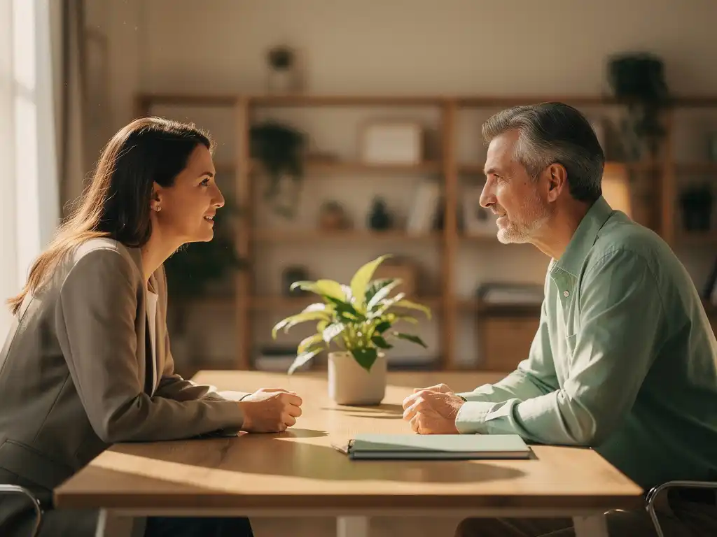 Bedrijfsarts en medewerker in open gesprek aan verlicht houten bureau met groene plant en gesloten map.