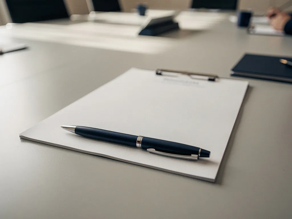 Officieel bemiddelingsdocument op een vergadertafel met een pen, zachte natuurlijke belichting en een rustige kantooromgeving.