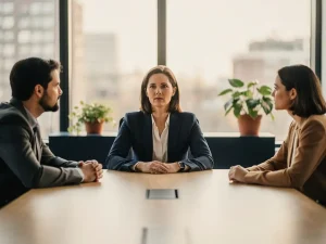 Mediator aan vergadertafel in gesprek met twee collega's in modern Nederlands kantoor, sfeer van professioneel vertrouwen en dialoog.