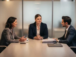 Professionele mediator aan neutrale vergadertafel tussen twee collega's, één ontspannen en één met formele documenten, warm kantoorlicht.