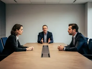 Twee professionals aan een vergadertafel tijdens een bemiddelingsgesprek, met een neutrale adviseur ertussen die verzoenende gebaren maakt.