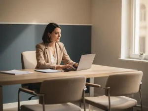 Casemanager aan modern bureau bestudeert documenten in rustig kantoor met twee lege stoelen, zachte natuurlijke belichting.