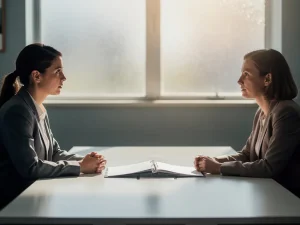 Casemanager en medewerker in gesprek aan een professionele vergadertafel met een open dossier, warm natuurlijk licht.