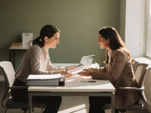 Casemanager en medewerker bespreken documenten aan een opgeruimd bureau in een rustig kantoor met natuurlijk raamlicht.