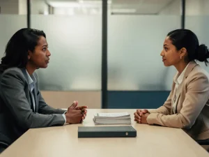 Casemanager en medewerker in gesprek aan kantoortafel met dossiermap, open en serieuze houding, zacht gefilterd licht.