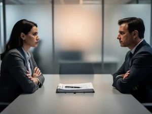 Twee collega's met gekruiste armen aan een kantoorbureau, HR-documenten tussen hen in, gespannen sfeer en vermeden oogcontact.