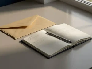 Dichtgevouwen manila envelop naast een open notitieboek met handgeschreven aantekeningen en balpen op een bureau, zacht natuurlijk licht.