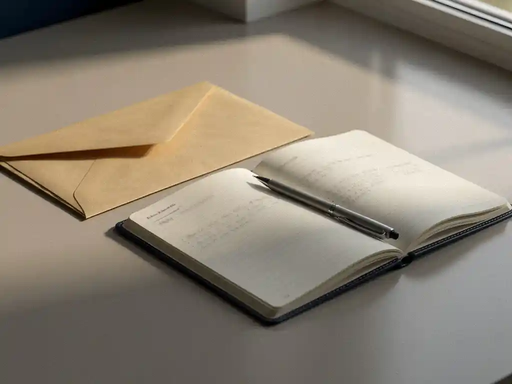 Dichtgevouwen manila envelop naast een open notitieboek met handgeschreven aantekeningen en balpen op een bureau, zacht natuurlijk licht.