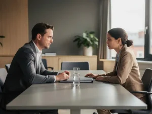 Manager en medewerker in gesprek aan kantaartafel met gesloten map, gespannen maar beheerste sfeer, professionele Nederlandse werkomgeving.