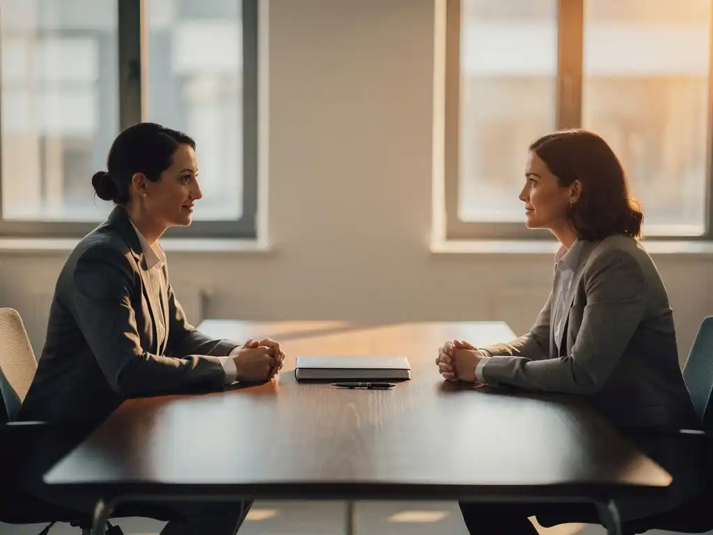 HR-manager en medewerker in open gesprek aan kantaartafel met gesloten map en pen, warm natuurlijk raamlicht.