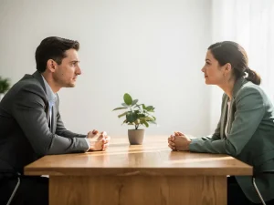 HR-professional en medewerker in open gesprek aan houten bureau met groene plant, warm natuurlijk licht.