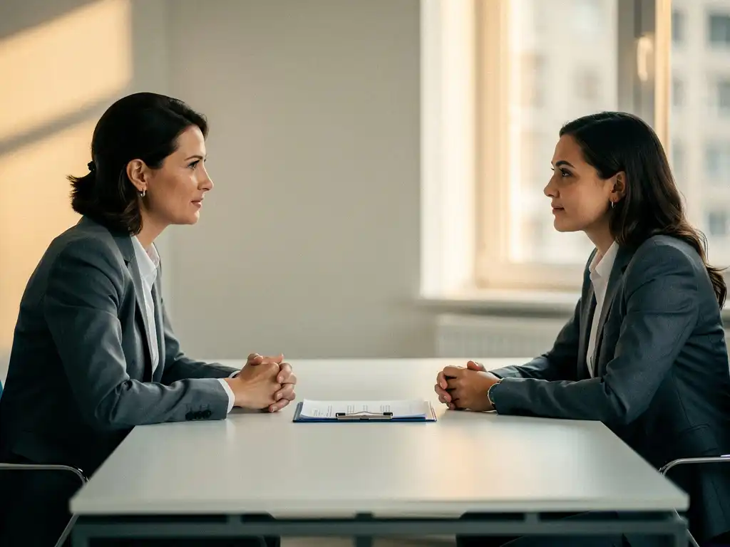 HR-manager en medewerker in rustig gesprek aan modern bureau, met documentmap tussen hen in, kantoor met natuurlijk licht.