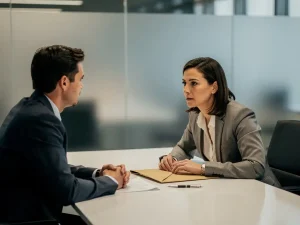 HR-manager en medewerker aan vergadertafel met gesloten map en pen, serieus gesprek in neutraal kantoor met matglazen wanden.