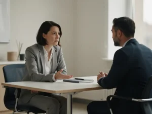 HR-manager luistert aandachtig naar medewerker aan vergadertafel, open handgebaar, notitieboek en pen op tafel, warm kantoorlicht.