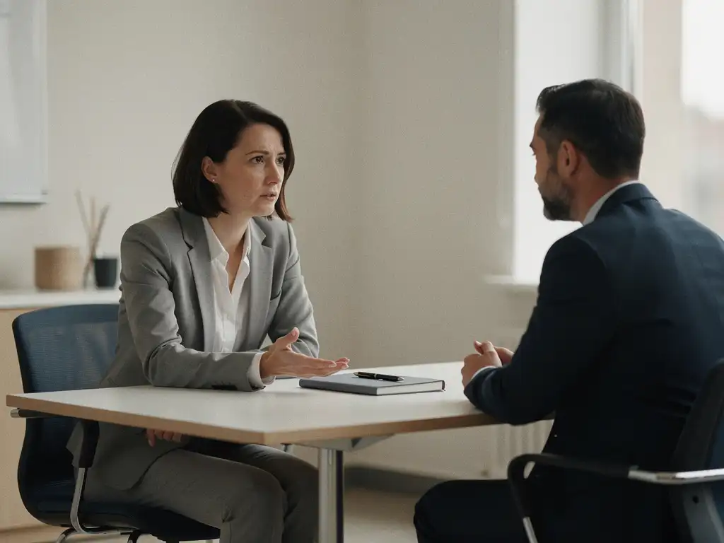 HR-manager luistert aandachtig naar medewerker aan vergadertafel, open handgebaar, notitieboek en pen op tafel, warm kantoorlicht.
