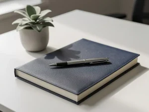 Juridische documentenmap op kantoorbureau naast kleine kamerplant, met pen op de omslag in zacht natuurlijk licht.