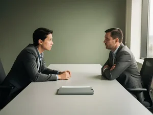Twee collega's in gesprek aan een kantoortafel, één leunend vooruit, de ander met gekruiste armen, HR-map tussen hen in.