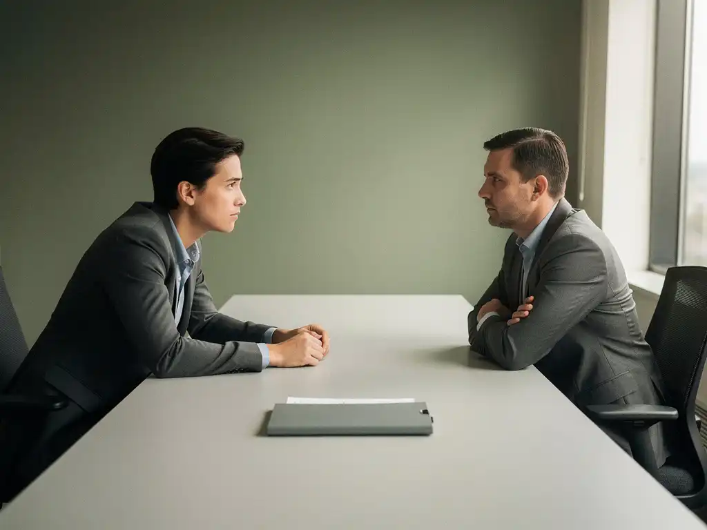 Twee collega's in gesprek aan een kantoortafel, één leunend vooruit, de ander met gekruiste armen, HR-map tussen hen in.