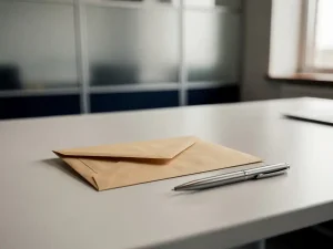 Verzegelde manila envelop op een zakelijk bureau naast een pen, symboliseert een formele schriftelijke klacht.
