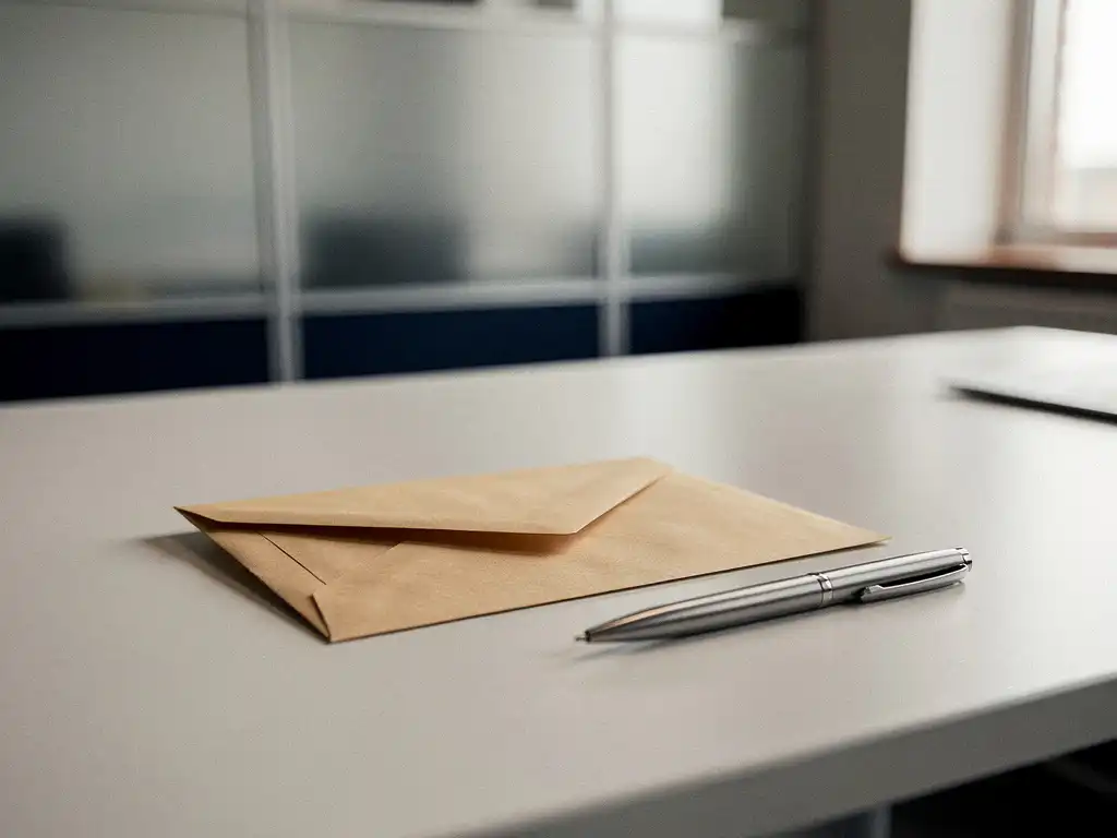 Verzegelde manila envelop op een zakelijk bureau naast een pen, symboliseert een formele schriftelijke klacht.