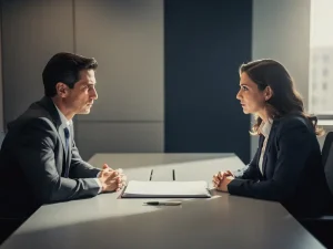 Manager en medewerker in professioneel gesprek aan modern bureau met gesloten personeelsdossier en pen, zacht natuurlijk licht.