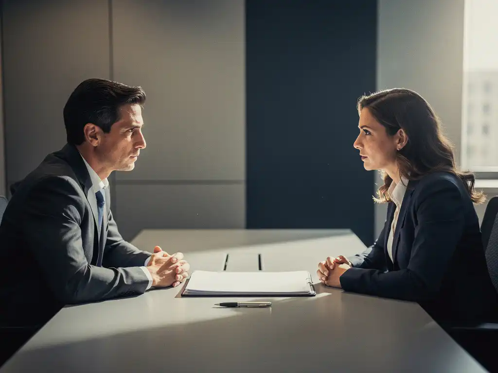 Manager en medewerker in professioneel gesprek aan modern bureau met gesloten personeelsdossier en pen, zacht natuurlijk licht.