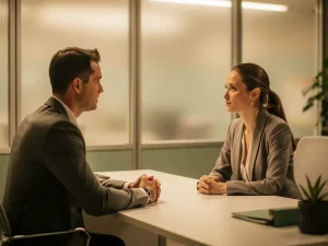 Vrouw met gespannen houding in serieus gesprek met aandachtige manager aan kantoorbureau, warm neutraal interieur.