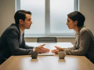 Twee collega's in gesprek aan een vergadertafel, één leunt voorover met open handen, gedeeld notitieboek en koffie tussen hen in.
