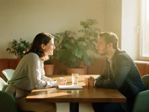 Twee professionals in gesprek aan een houten tafel in een licht kantoor, met notitieboek en glas water, zachte groene achtergrond.