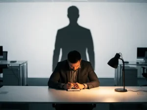 Werknemer aan minimalistisch bureau met gespannen houding terwijl een dreigende schaduw van leidinggevende over het bureau valt.