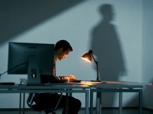 Gespannen werknemer aan minimalistische bureau met schaduw van staande figuur, symboliseert werkdruk in koel blauwgrijs kantoor.