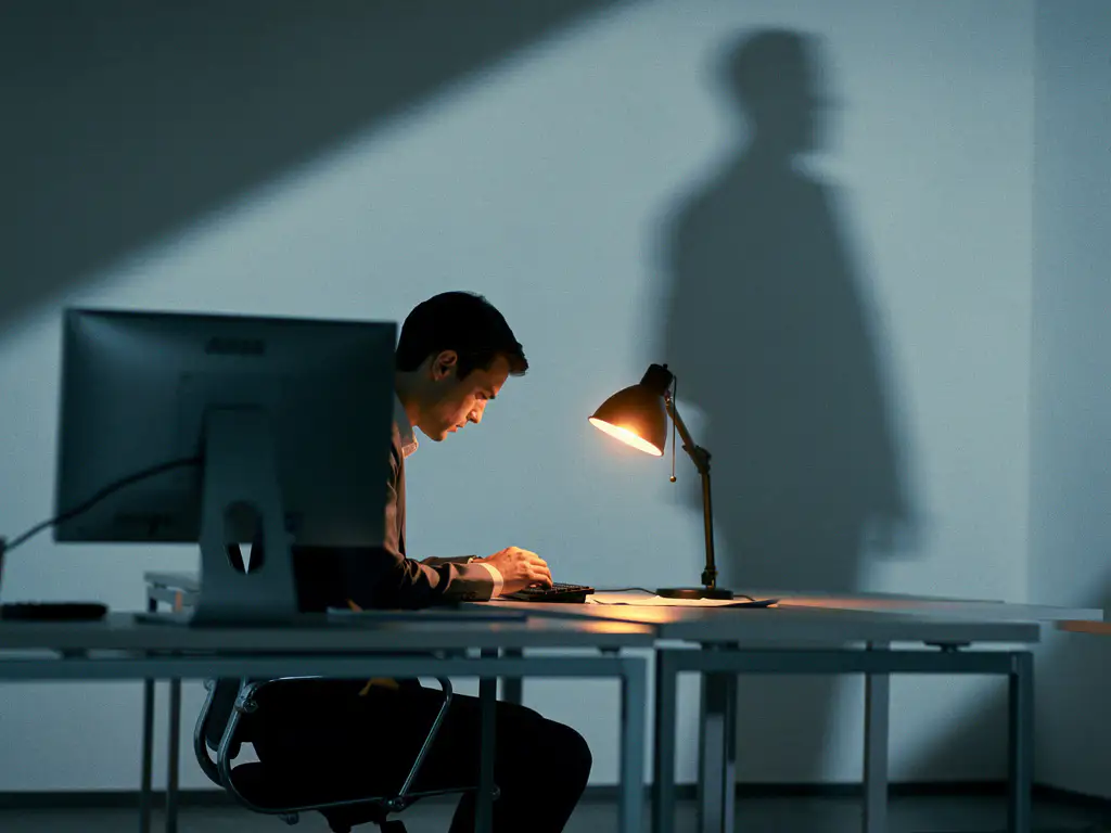 Gespannen werknemer aan minimalistische bureau met schaduw van staande figuur, symboliseert werkdruk in koel blauwgrijs kantoor.