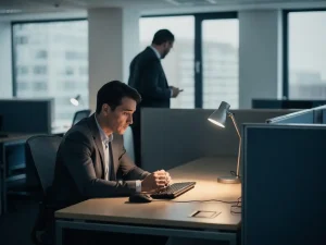 Gespannen werknemer aan bureau in open kantoor terwijl leidinggevende zich afwendt op de achtergrond, sfeer van werkstress.