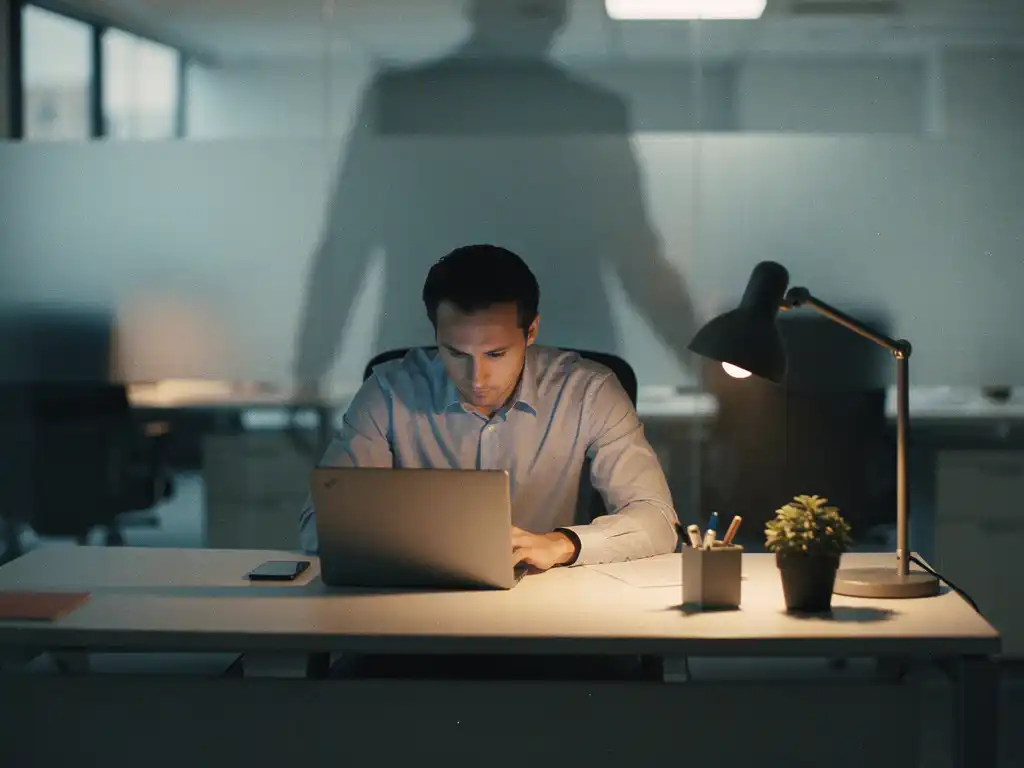 Medewerker zit gespannen en neergeslagen aan modern bureau, overschaduwd door donkere schaduw in klinisch kantoor met koel blauwgrijs licht.