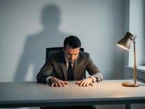 Werknemer gebogen over minimalistisch bureau met gespannen schouders, dreigend schaduw op de achtergrond, sfeervolle amber bureaulamp in grijs kantoor.