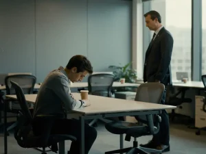 Werknemer met gekruiste armen en neergeslagen blik aan kantoortafel, terwijl manager bezorgd toekijkt, signalen van werkstress.