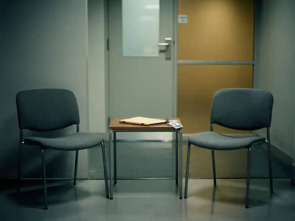 Twee lege stoelen in een kantoorgang, van elkaar afgekeerd, met een personeelsbadge en manila map op de tafel ertussen.
