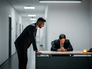 Staande collega leunt over zittende medewerker aan bureau in klinisch kantoorpad, lichaamstaal toont werkdruk en ongemak.