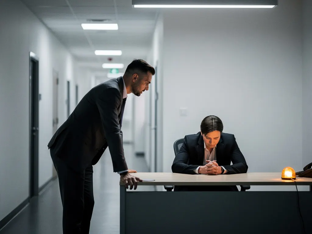 Staande collega leunt over zittende medewerker aan bureau in klinisch kantoorpad, lichaamstaal toont werkdruk en ongemak.