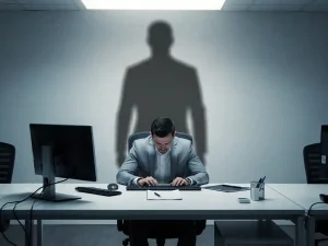 Werknemer zit gespannen voorovergebogen aan bureau terwijl een dreigende schaduw van leidinggevende over hem hangt, symbool van werkplekintimidatie.