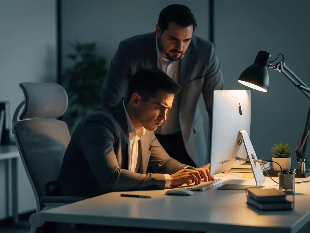 Gespannen werknemer aan modern bureau met dominante collega op de achtergrond, sfeervol verlicht door bureaulamp in grijs-blauw kantoor.