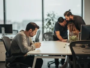 Eenzame werknemer in open kantoor houdt koffiebeker vast terwijl collega's apart overleggen, subtiele sociale isolatie zichtbaar.